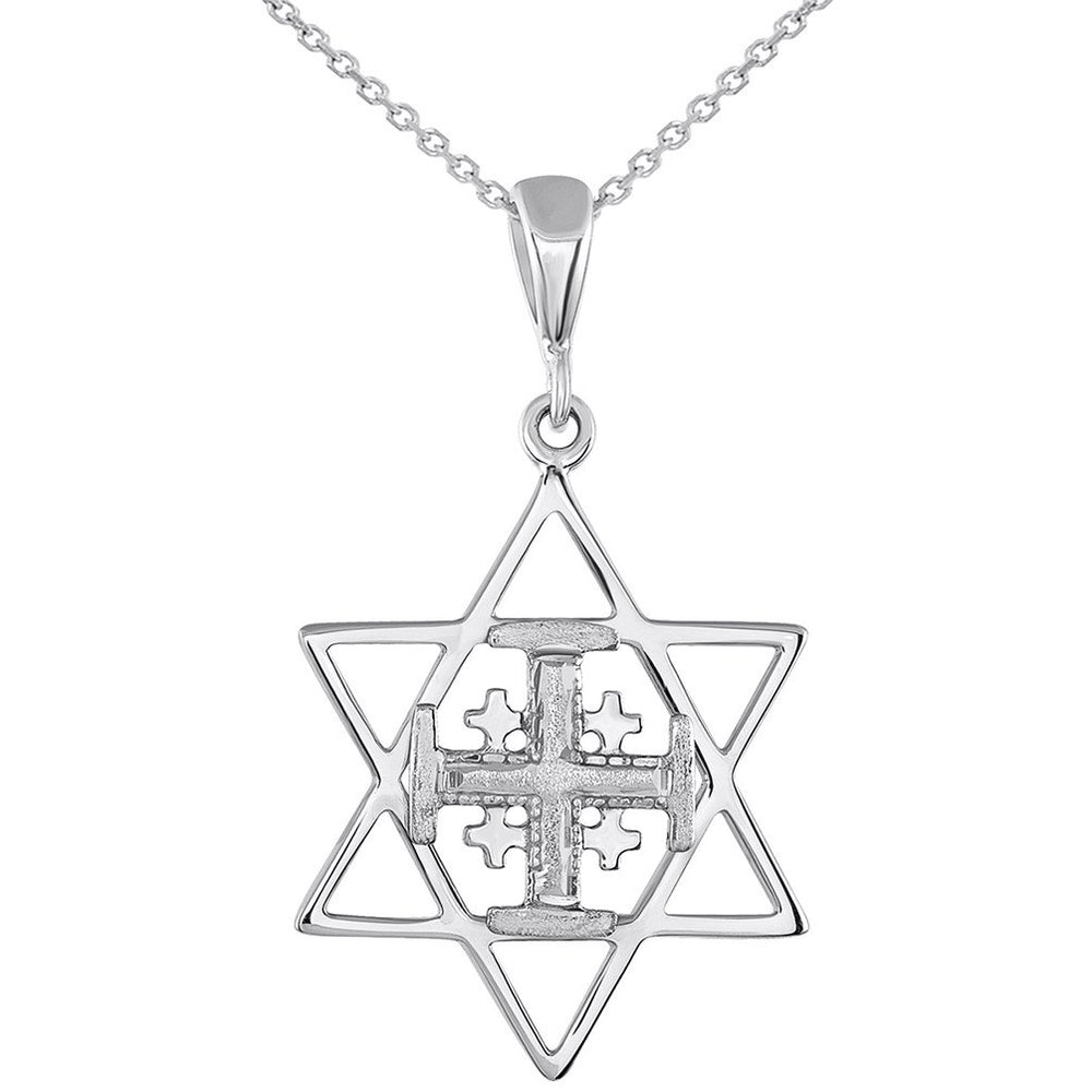 Solid 14K Gold Star of David and Jerusalem Cross Pendant Necklace - White Gold