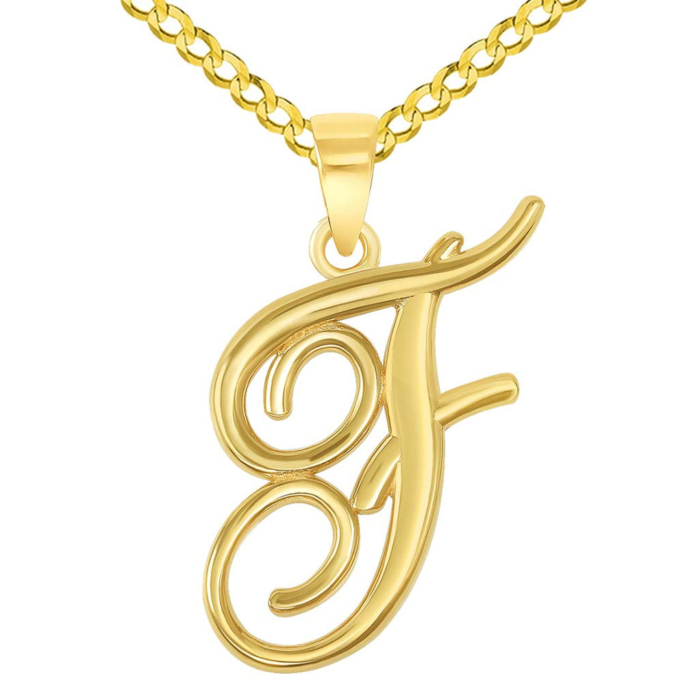 14k Yellow Gold Elegant Script Letter F Cursive Initial Pendant with Concave Cuban Link Curb Chain Necklace