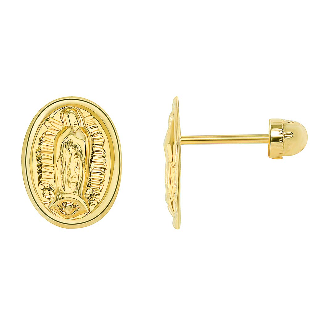 14k Yellow Gold Oval Our Lady Of Guadalupe Stud Earrings with Screw Back