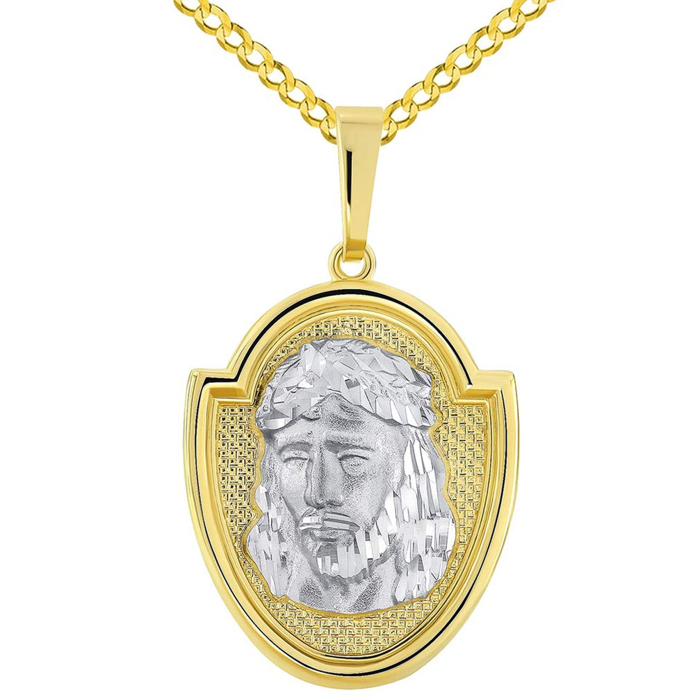 14k Two-Tone Gold Jesus Christ Medallion Scripted God Bless Us Pendant with Curb Chain Necklace