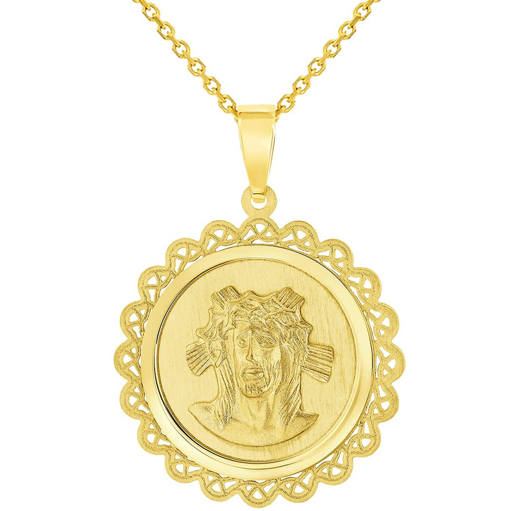 14k Yellow Gold Holy Face of Jesus Christ On Round Ornate Miraculous Medal Pendant Necklace