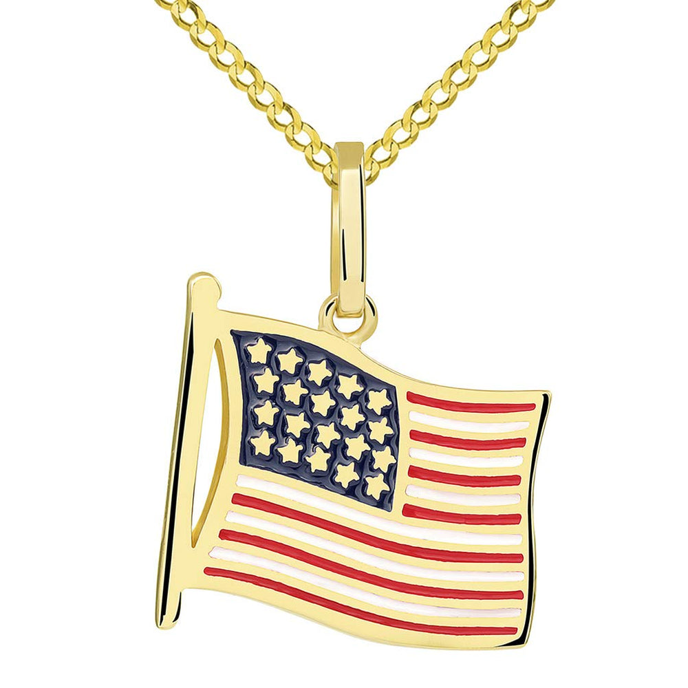 14k Gold National Flag of the United States of America Pendant with Cuban Necklace - Yellow Gold