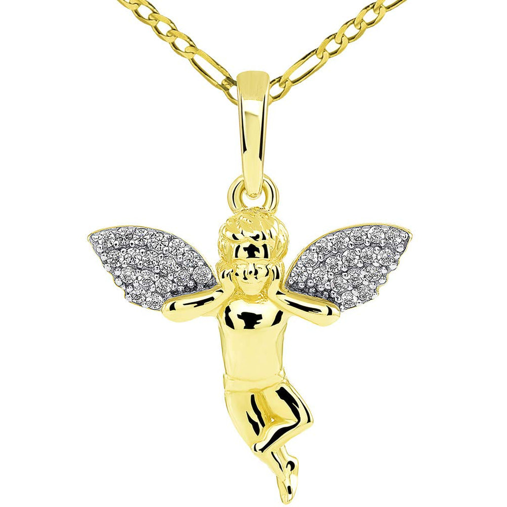 14k Yellow Gold Guardian Angel In Love Holding Face with Micro Pave CZ Wings Pendant Figaro Chain Necklace
