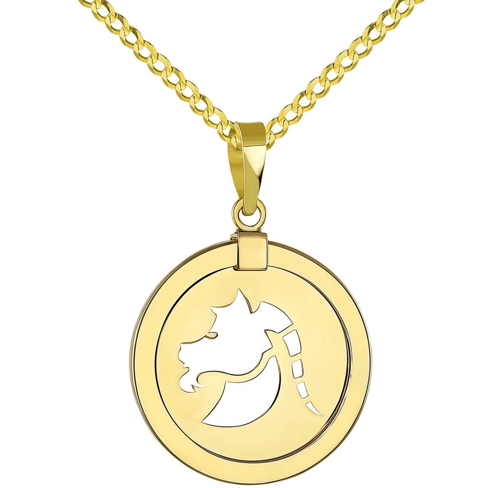 14K Gold Reversible Round Capricorn Goat Zodiac Sign Pendant with Cuban Chain Necklace - Yellow Gold