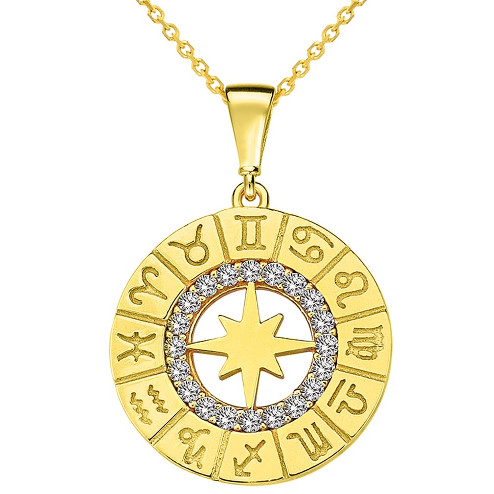 14k Yellow Gold Cubic-Zirconia Round Zodiac Compass Calendar Pendant Necklace