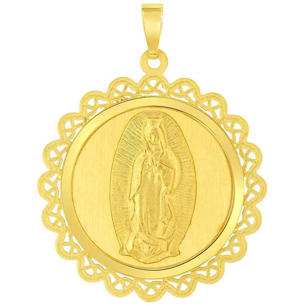 14k Yellow Gold Round Ornate Miraculous Medal of Our Lady of Guadalupe Pendant (1")