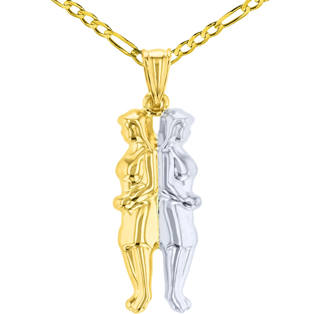 14k Gold Gemini Pendant Figaro Necklace