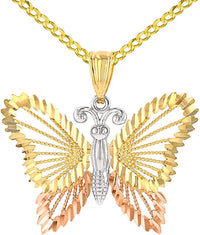 Load image into Gallery viewer, 14k Solid Tri-Color Gold Textured Open Butterfly Pendant Curb Chain Cuban Necklace
