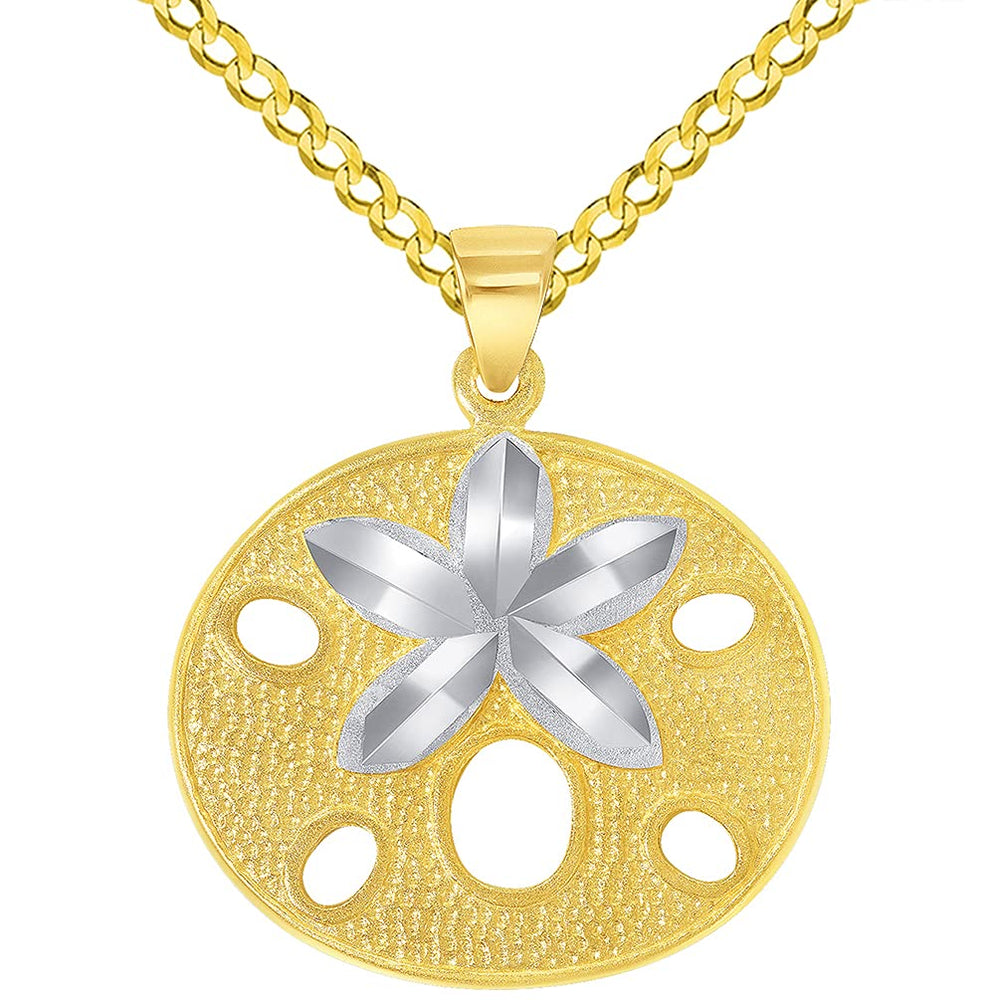 Solid 14k Yellow Gold Sand Dollar Two Tone Sea Star Shell Pendant with Cuban Curb Chain Necklace