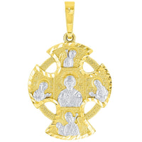Load image into Gallery viewer, Solid 14K Yellow Gold Textured Celtic Cross Charm with Saints Pendant Cuban Chain Necklace
