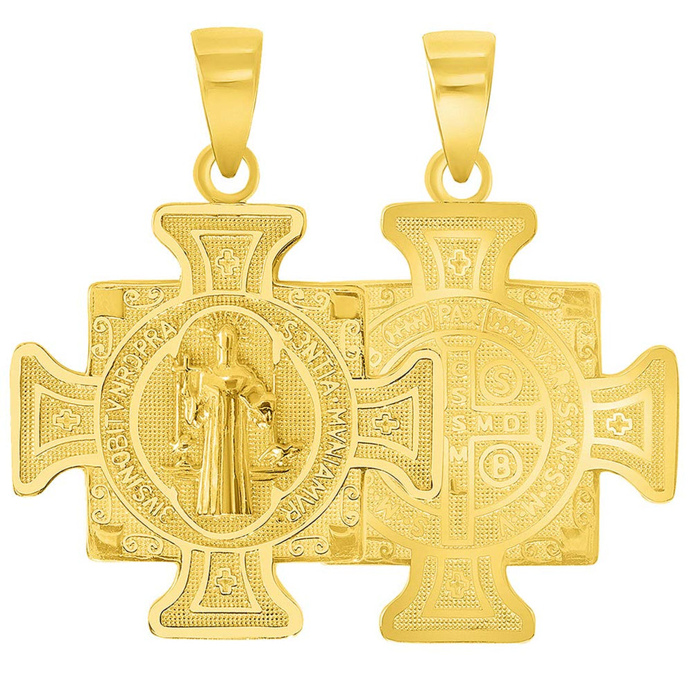 Solid 14k Yellow Gold Cross of Holy Father Saint Benedict Pendant (Reversible)