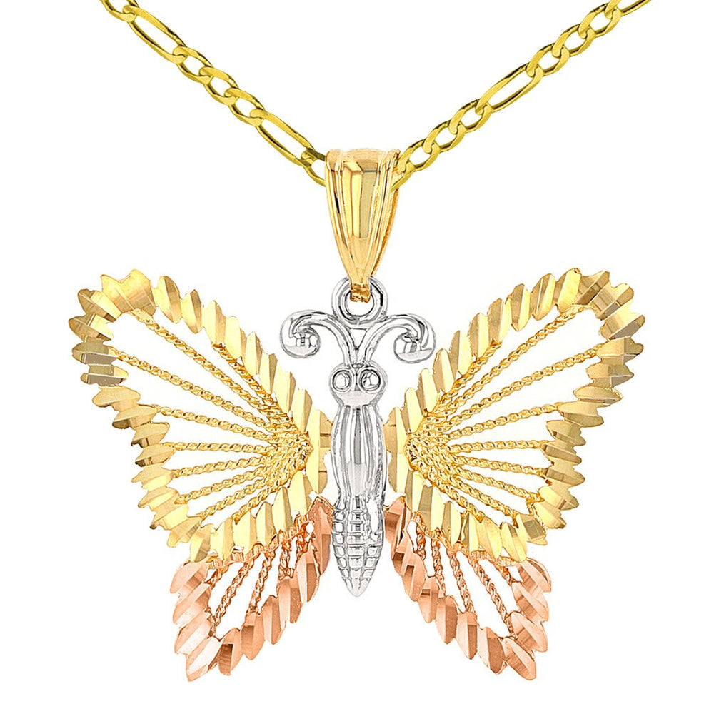 14k Solid Tri-Color Gold Textured Open Butterfly Pendant Figaro Chain Necklace