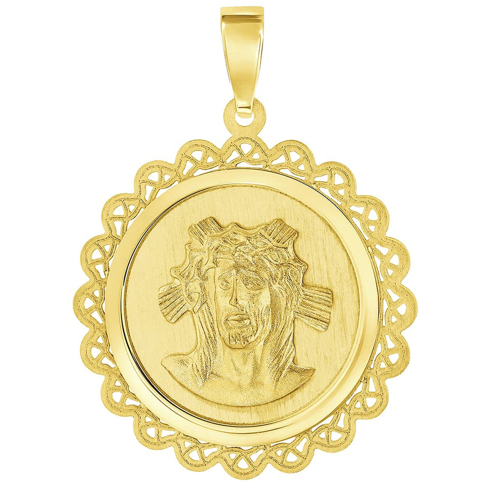 14k Yellow Gold Holy Face of Jesus Christ On Round Ornate Miraculous Medal Pendant (1")