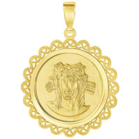 Load image into Gallery viewer, 14k Yellow Gold Holy Face of Jesus Christ On Round Ornate Miraculous Medal Pendant with Figaro Chain Necklace

