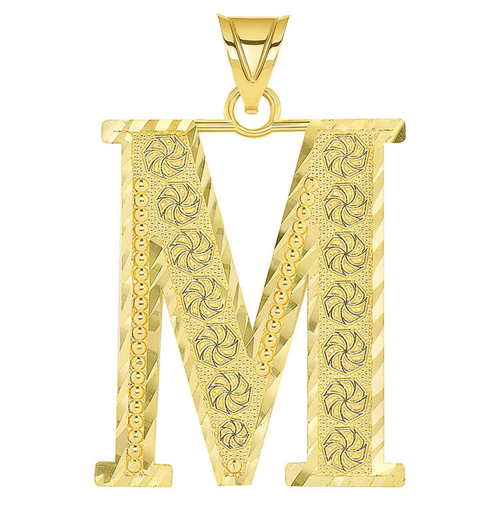 14k Yellow Gold Textured Uppercase Initial M Letter Pendant with Eternity Symbols 1 inch