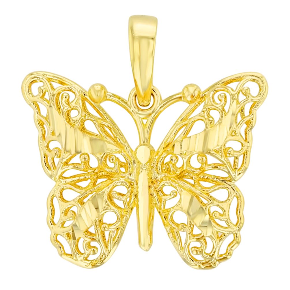 14K Yellow Gold Textured Filigree 3D Butterfly Pendant