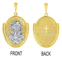 Load image into Gallery viewer, 14k Yellow Gold Crown of Thorns Jesus Christ Medallion Scripted God Bless Us Pendant with Figaro Chain Necklace
