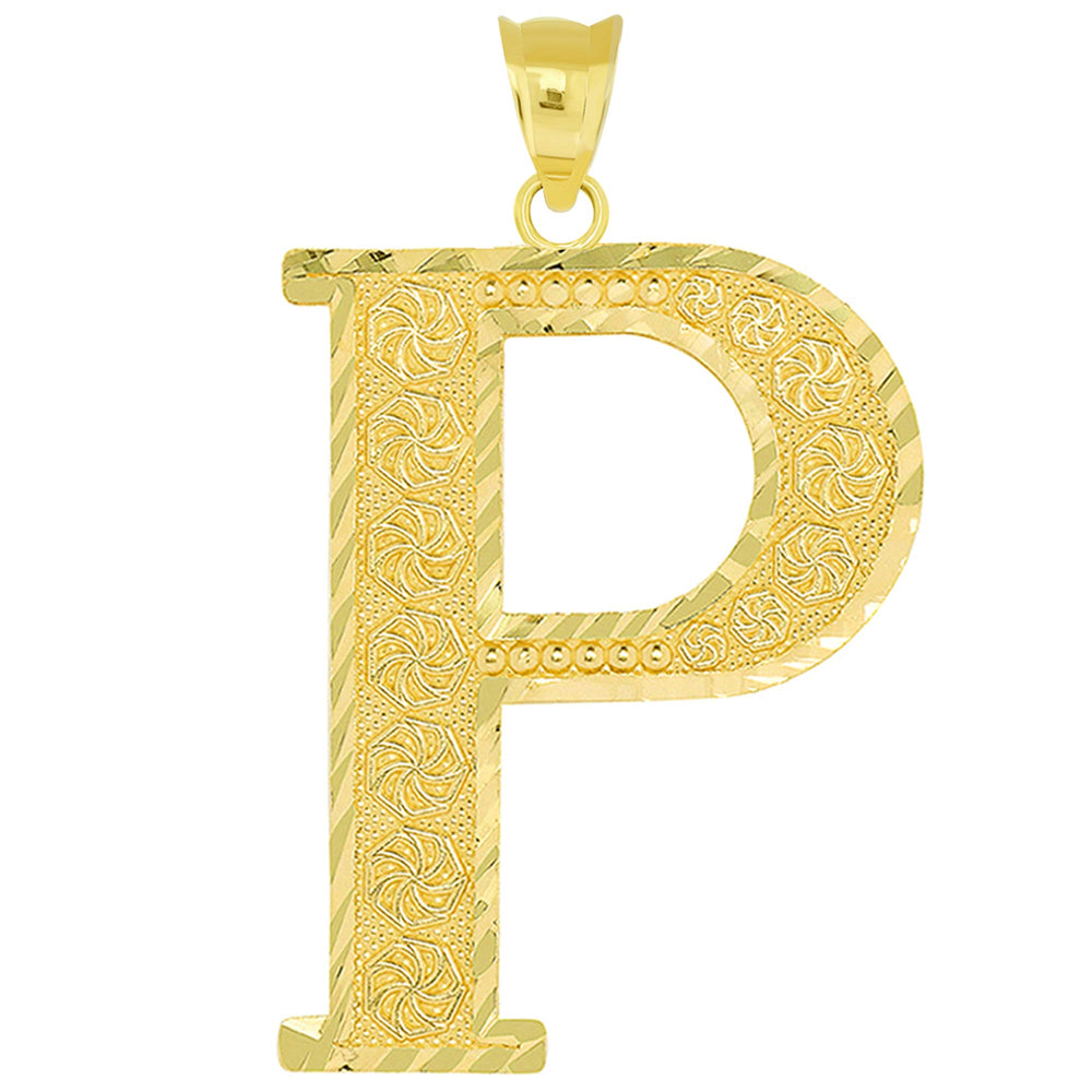 14k Yellow Gold Textured Uppercase Initial P Letter Pendant with Eternity Symbols 1 inch