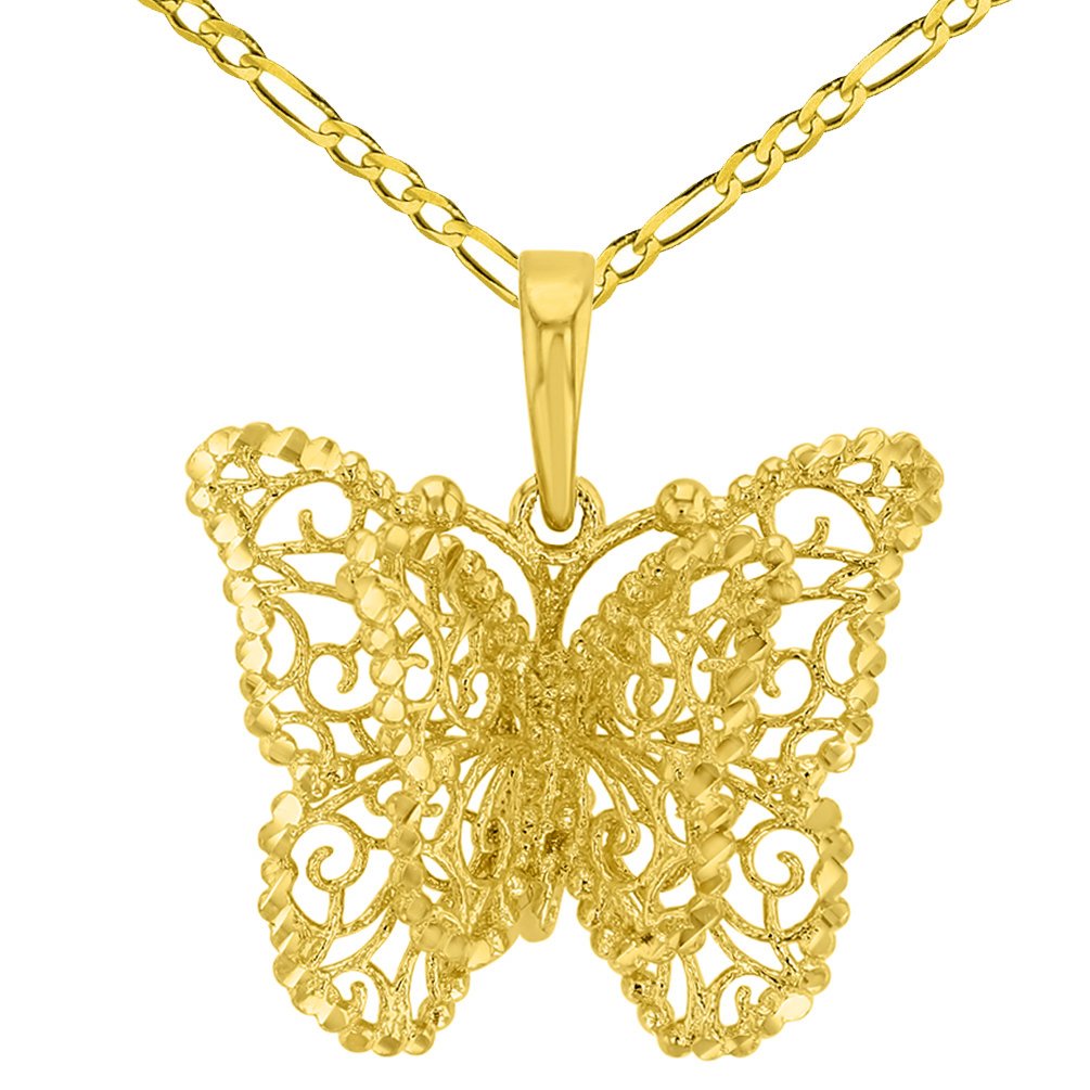 14K Yellow Gold Textured Filigree Butterfly with Four Wings Pendant Figaro Necklace