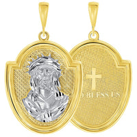 Load image into Gallery viewer, 14k Yellow Gold Crown of Thorns Jesus Christ Medallion Scripted God Bless Us Pendant with Figaro Chain Necklace
