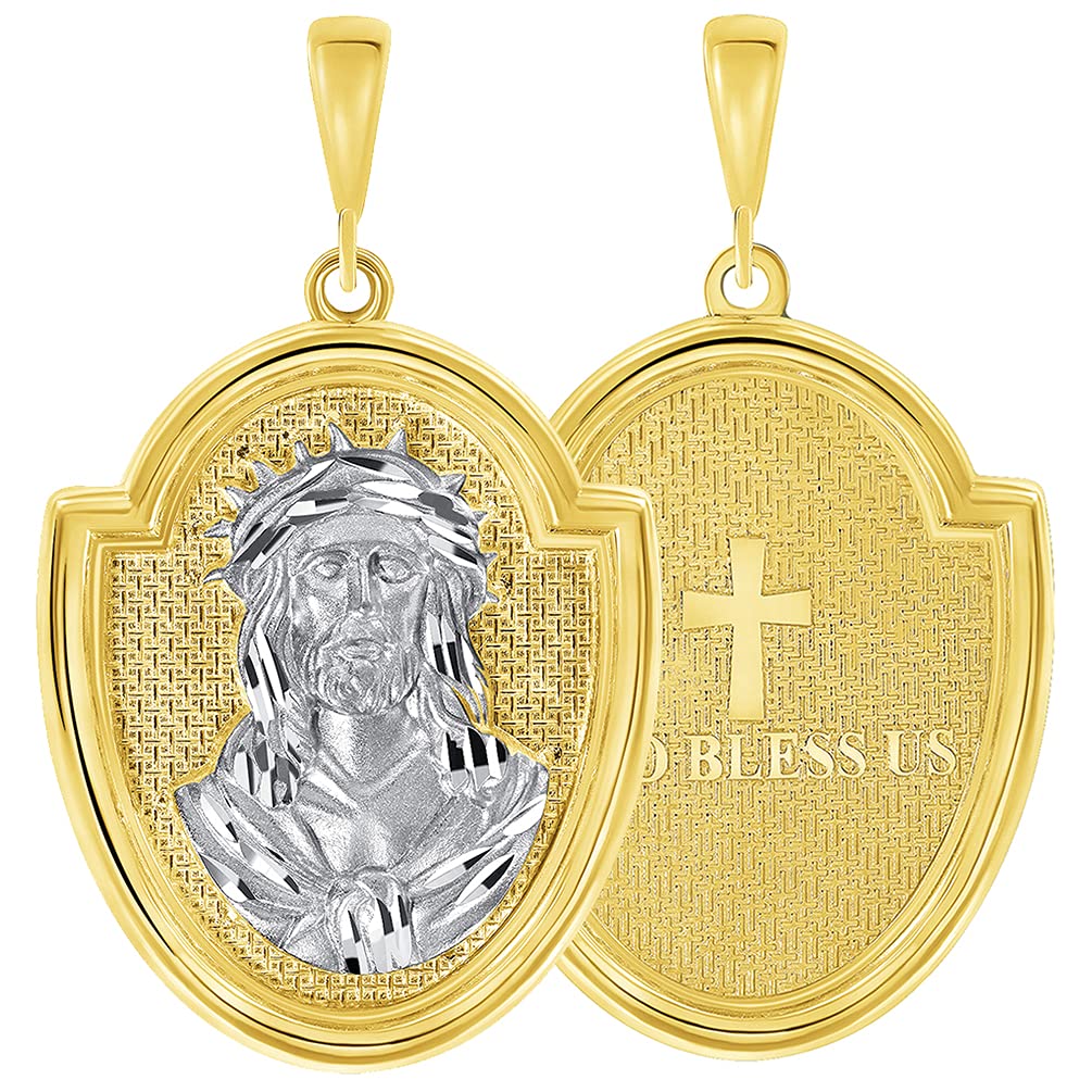 14k Yellow Gold Crown of Thorns Jesus Christ Medallion Scripted God Bless Us Pendant