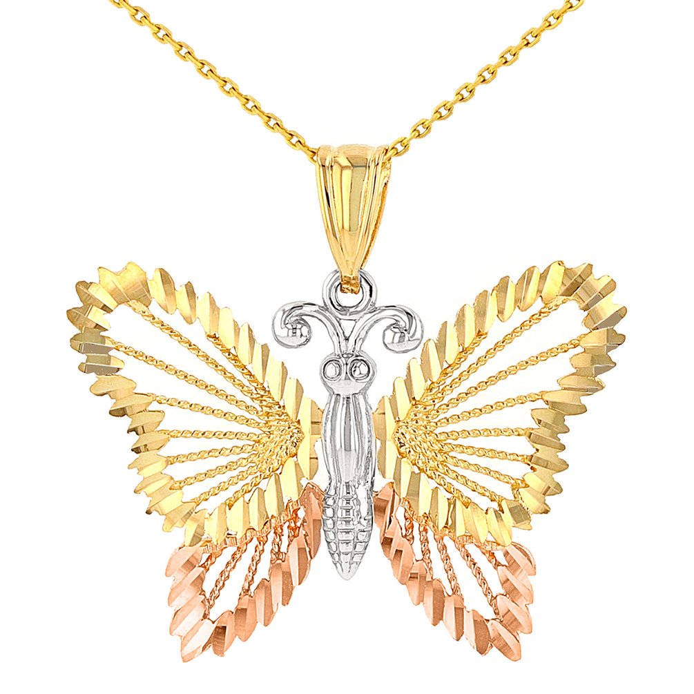 14k Solid Tri-Color Gold Textured Open Butterfly Pendant Cable Chain Necklace