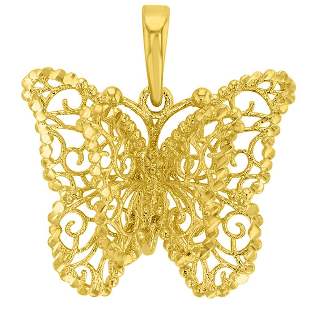 14K Yellow Gold Textured Filigree Butterfly with Four Wings Pendant