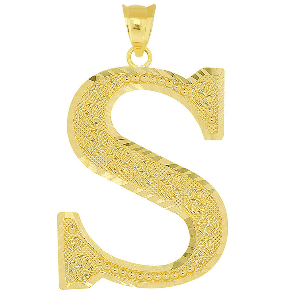 14k Yellow Gold Textured Uppercase Initial S Letter Pendant with Eternity Symbols 1 inch