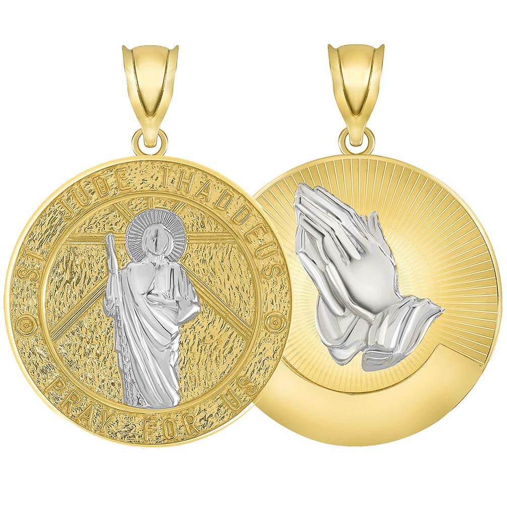 14k Yellow Gold Round Saint Jude Thaddeus Pray For Us Medallion with Praying Hands Pendant
