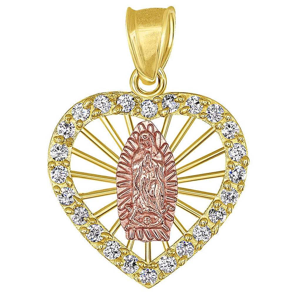 14K Yellow Gold and Rose Gold Heart Shaped Saint Virgin Mary Guadalupe Pendant with Cubic Zirconia Gemstones