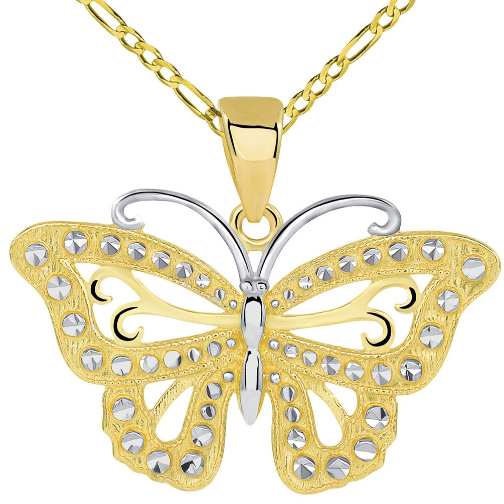 14k Solid Gold Budded Butterfly Pendant with Figaro Necklace - Yellow Gold