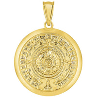 Load image into Gallery viewer, 14k Yellow Gold Aztec Mayan Sun Calendar Medallion Pendant with Figaro Chain Necklace
