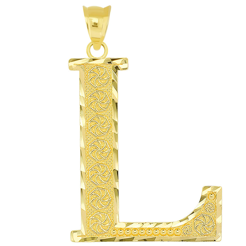 14k Yellow Gold Textured Uppercase Initial L Letter Pendant with Eternity Symbols 1 inch