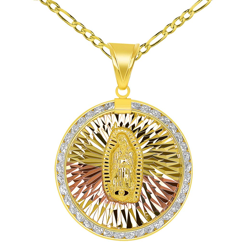 14K Yellow Gold Tri-Tone Large Round Our Lady Of Guadalupe Elegant CZ Medallion Pendant Figaro Necklace