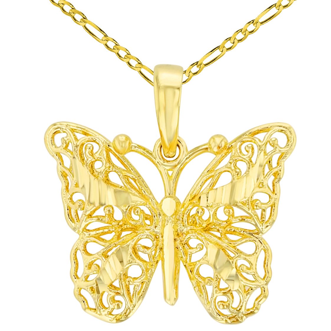 14K Yellow Gold Textured Filigree 3D Butterfly Pendant with Figaro Necklace