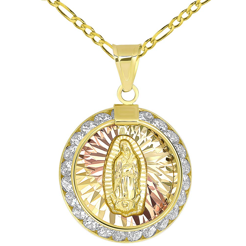 14K Yellow Gold Tri-Tone Round Our Lady Of Guadalupe Elegant CZ Medallion Pendant Figaro Chain Necklace