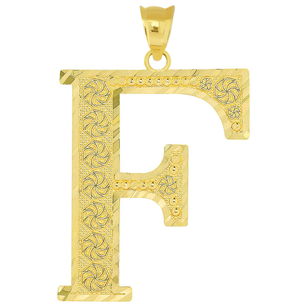 14k Yellow Gold Textured Uppercase Initial F Letter Pendant with Eternity Symbols 1 inch