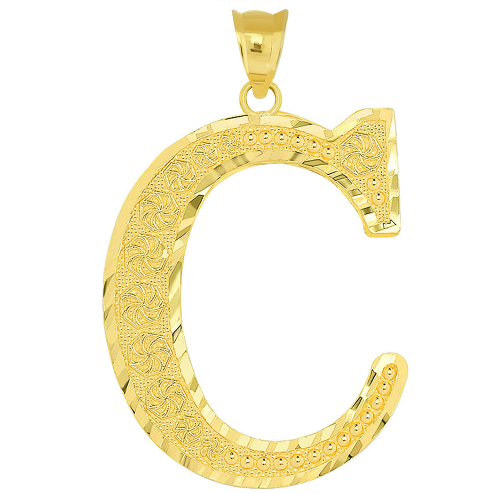 14k Yellow Gold Textured Uppercase Initial C Letter Pendant with Eternity Symbols 1 inch
