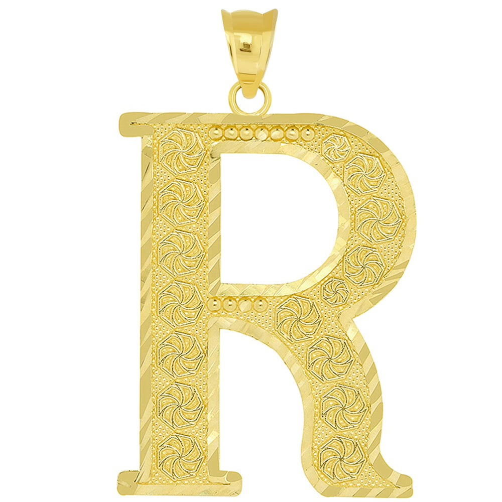 14k Yellow Gold Textured Uppercase Initial R Letter Pendant with Eternity Symbols 1 inch