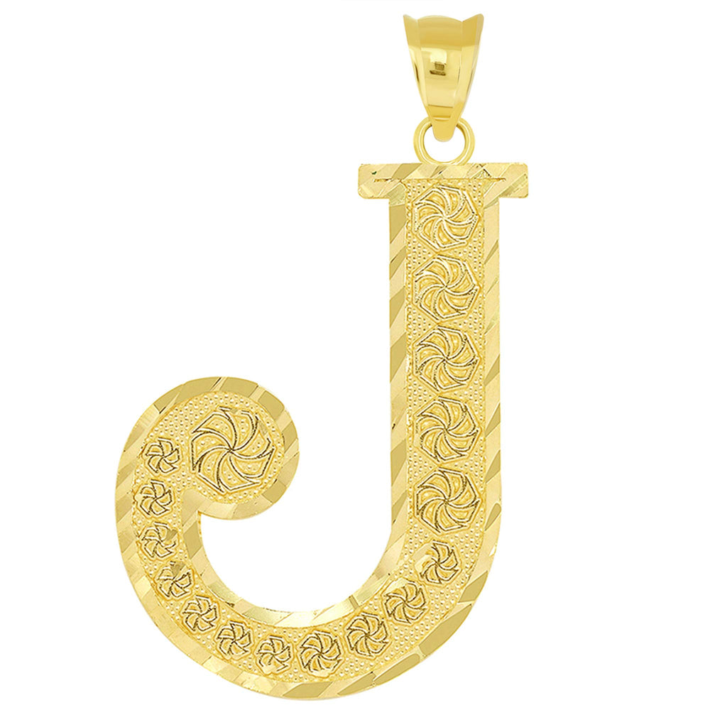 14k Yellow Gold Textured Uppercase Initial J Letter Pendant with Eternity Symbols 1 inch