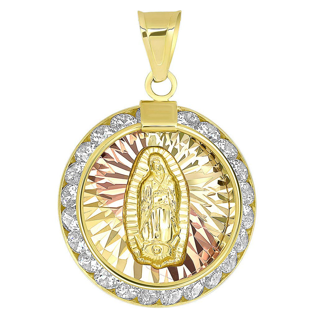 14K Yellow Gold Tri-Tone Round Shaped Our Lady Of Guadalupe Elegant CZ Medallion Pendant - Front