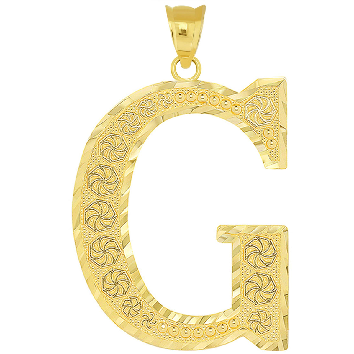 14k Yellow Gold Textured Uppercase Initial G Letter Pendant with Eternity Symbols 1 inch