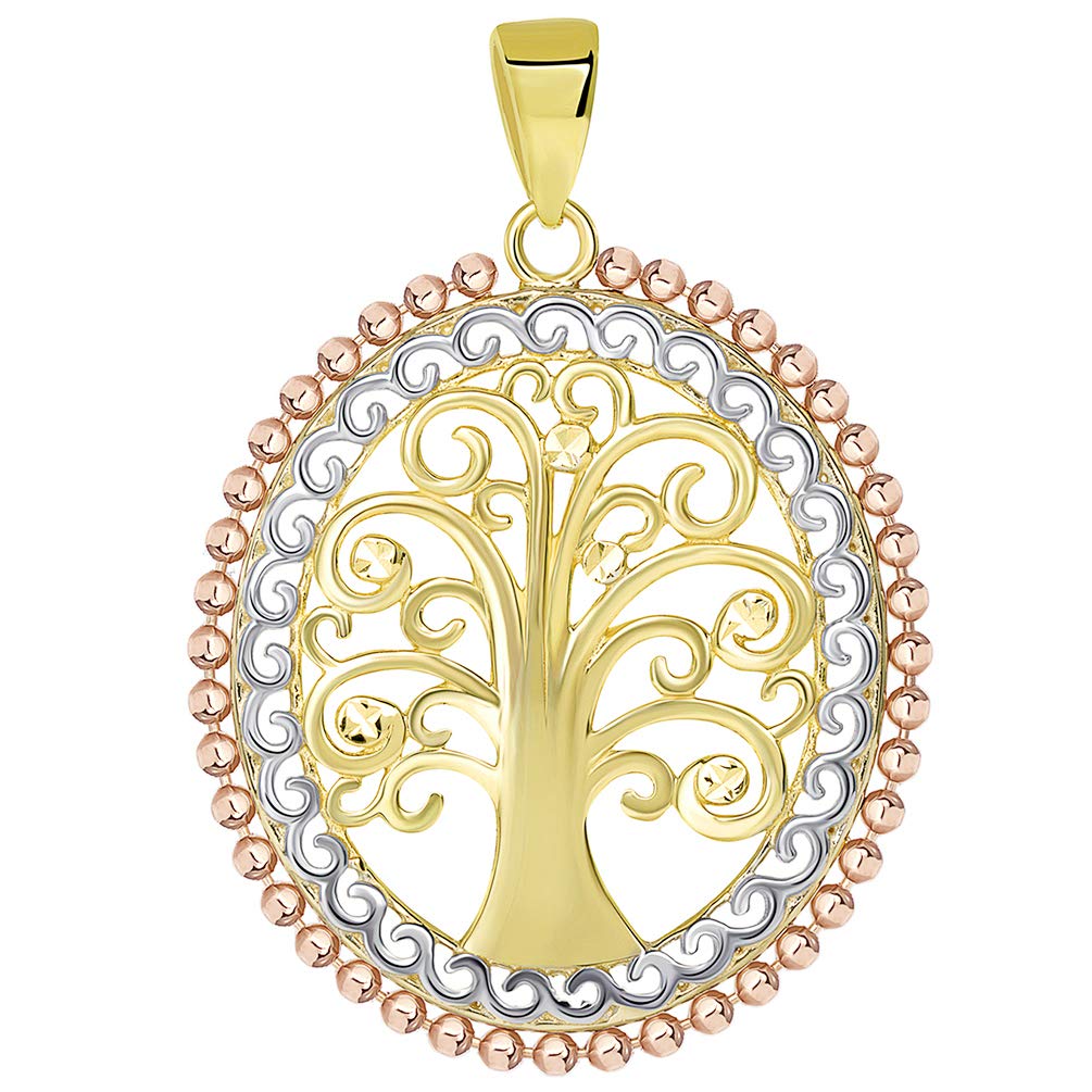 14K Yellow Gold & Rose Gold Oval Budded Tree of Life Charm Pendant