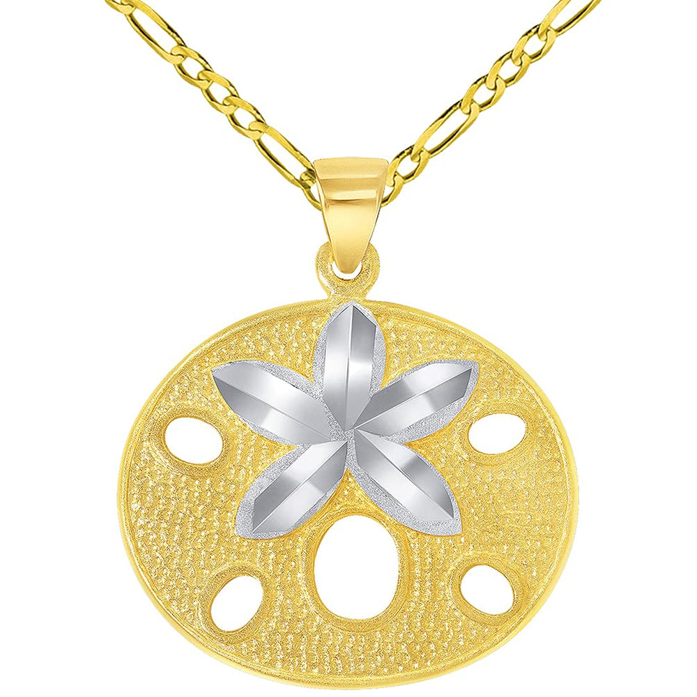 Solid 14k Yellow Gold Sand Dollar Two Tone Sea Star Shell Pendant with Figaro Chain Necklace