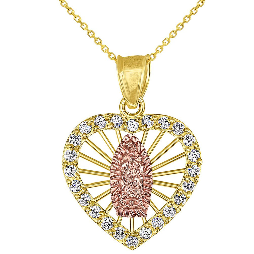 14K Yellow Gold and Rose Gold CZ Heart Shaped Saint Virgin Mary Guadalupe Pendant Necklace