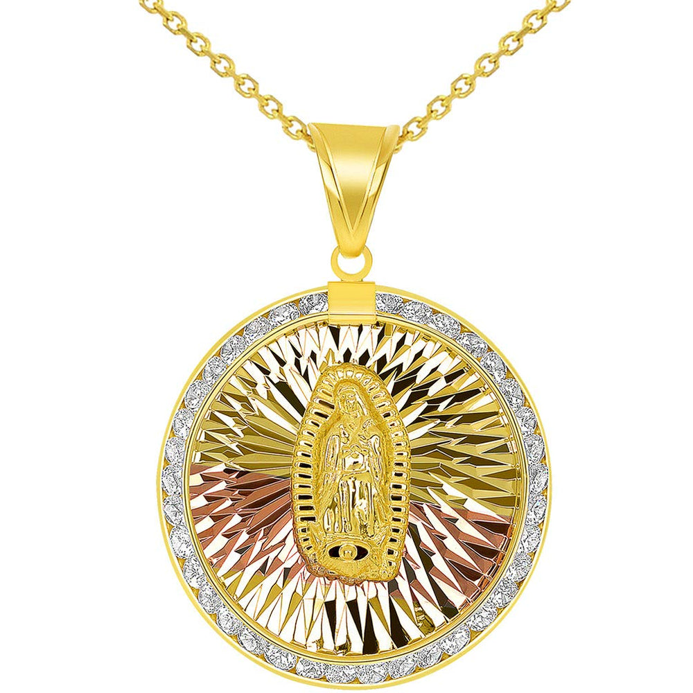 14K Yellow Gold Tri-Tone Large Round Our Lady Of Guadalupe Elegant CZ Medallion Pendant Necklace