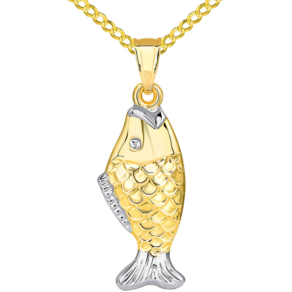 14k Yellow Gold Well Detailed Two Tone 3D Bass Vertical Fish Pendant Cuban Necklace