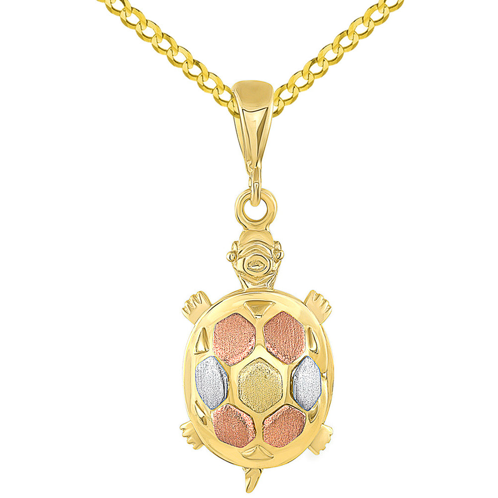 14K Tri-Color Gold Fancy Turtle Charm Animal Pendant with Cuban Chain Necklace