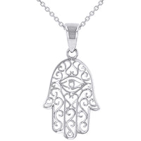 Load image into Gallery viewer, 14K White Gold Filigree Hamsa Hand of Fatima with Evil Eye Pendant Necklace
