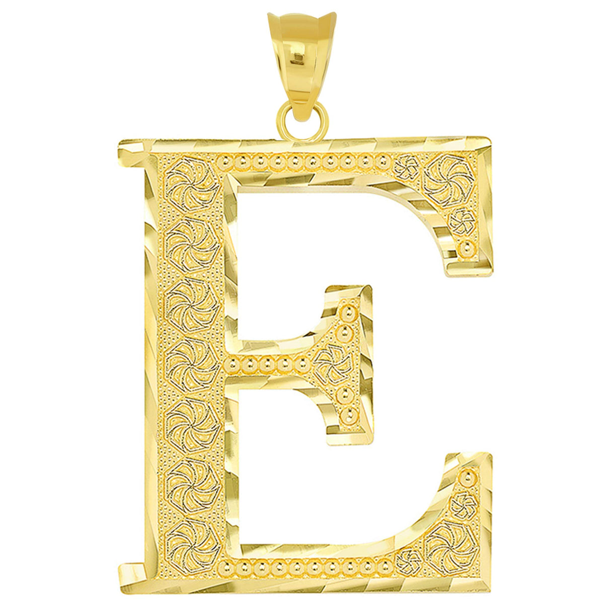 14k Yellow Gold Textured Uppercase Initial E Letter Pendant with Eternity Symbols 1 inch